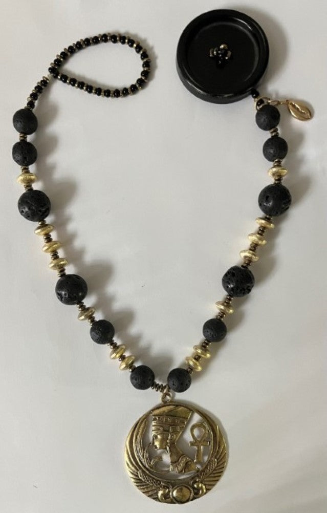 Nefertiti Brass Focal Necklace - Lava & Brass Beads