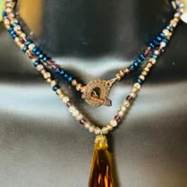 Brown Glass Drop & Blue Beads Brass Necklace