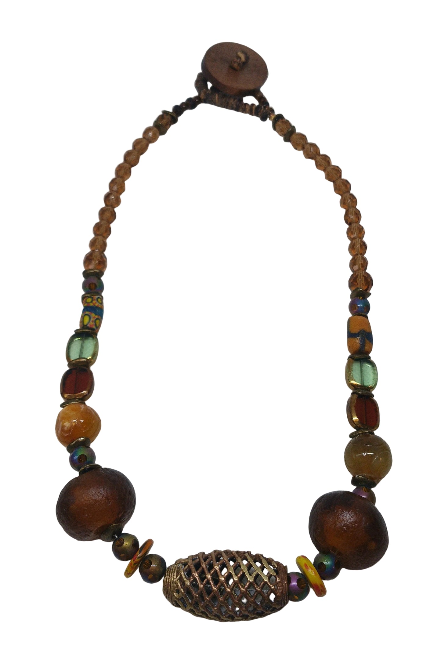 Earthen Mosaic Statement Necklace — Filigree Focal, African Trade Beads & Smoky Crystal