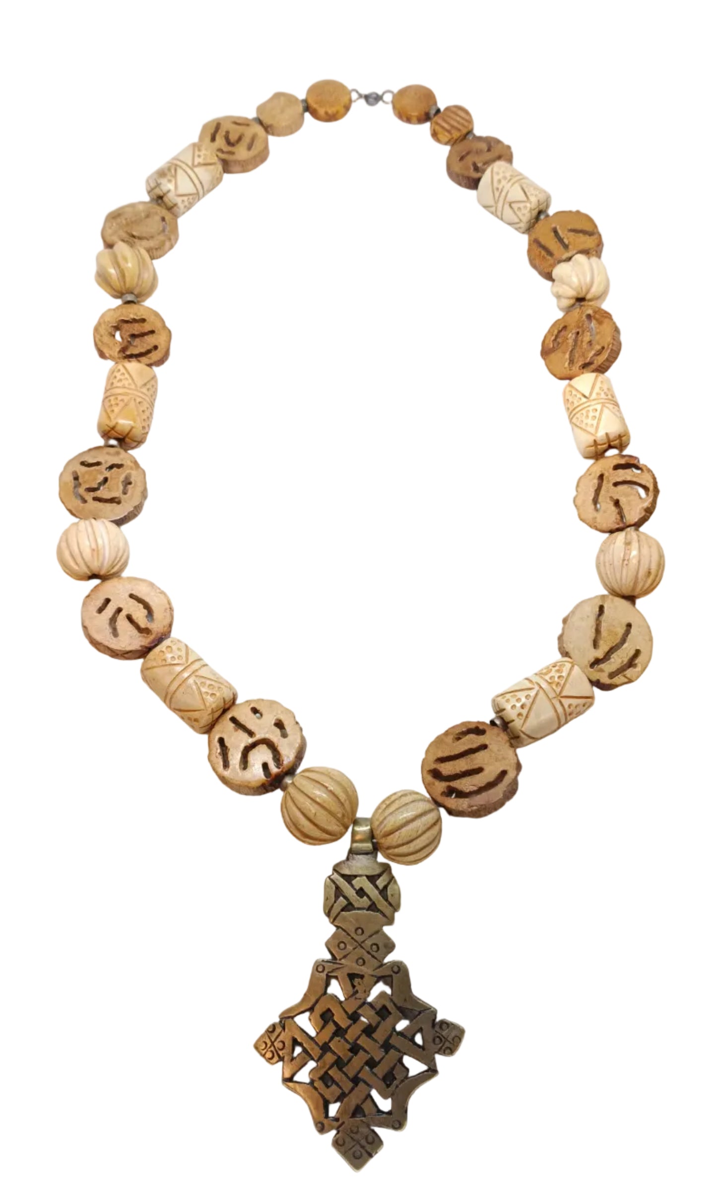 Ethiopian Coptic Cross Necklace — Hand-Carved Bone & Wood Beads with Brass Pendant