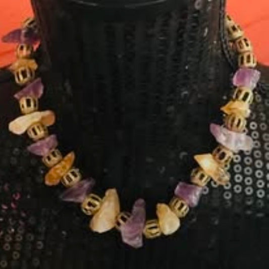 Carnelian, Brass & Amethyst Necklace