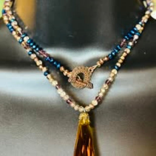 Brown Glass Drop & Blue Beads Brass Necklace