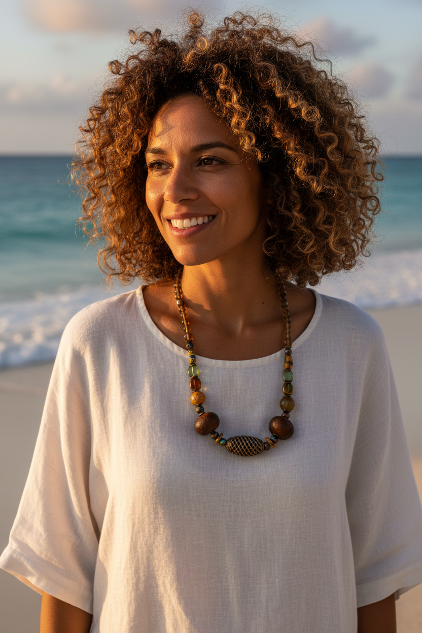 Earthen Mosaic Statement Necklace — Filigree Focal, African Trade Beads & Smoky Crystal
