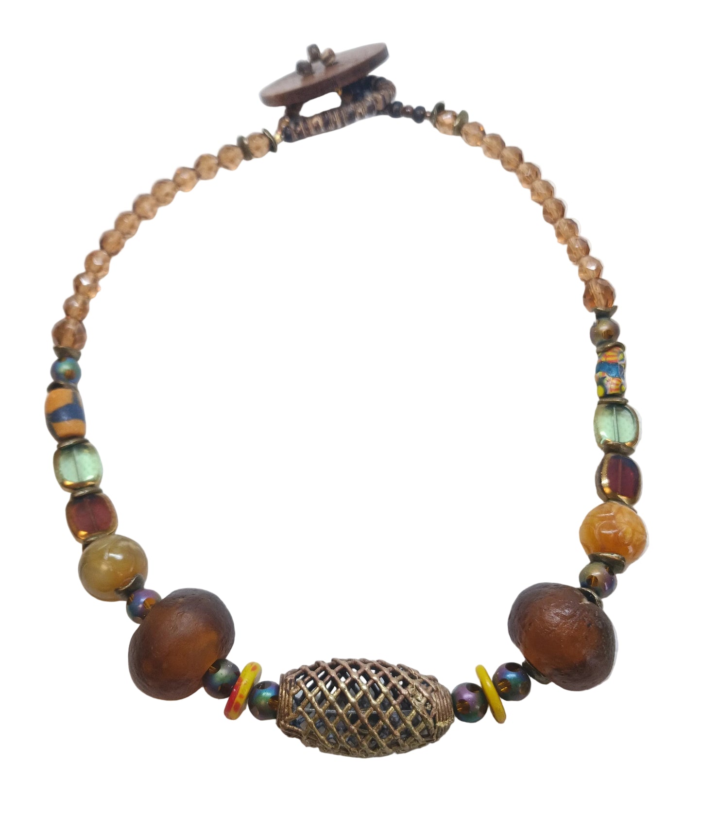 Earthen Mosaic Statement Necklace — Filigree Focal, African Trade Beads & Smoky Crystal