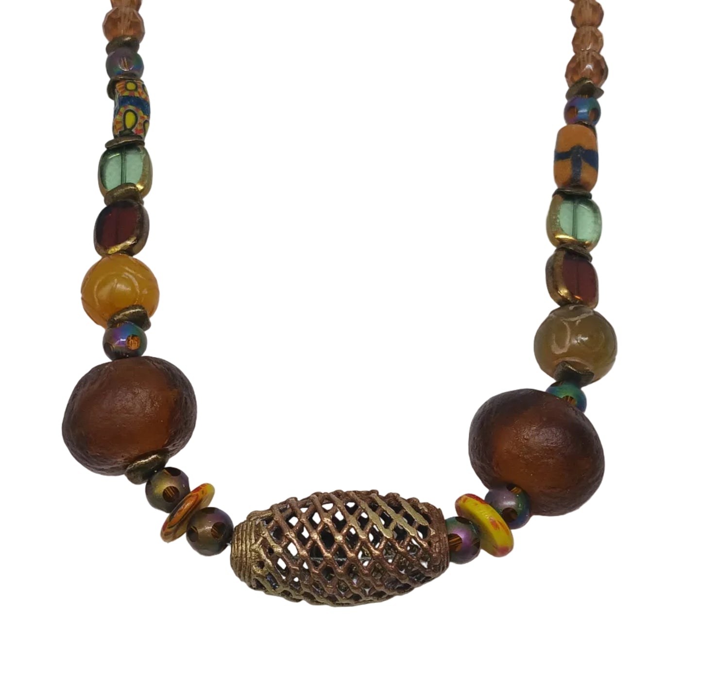 Earthen Mosaic Statement Necklace — Filigree Focal, African Trade Beads & Smoky Crystal