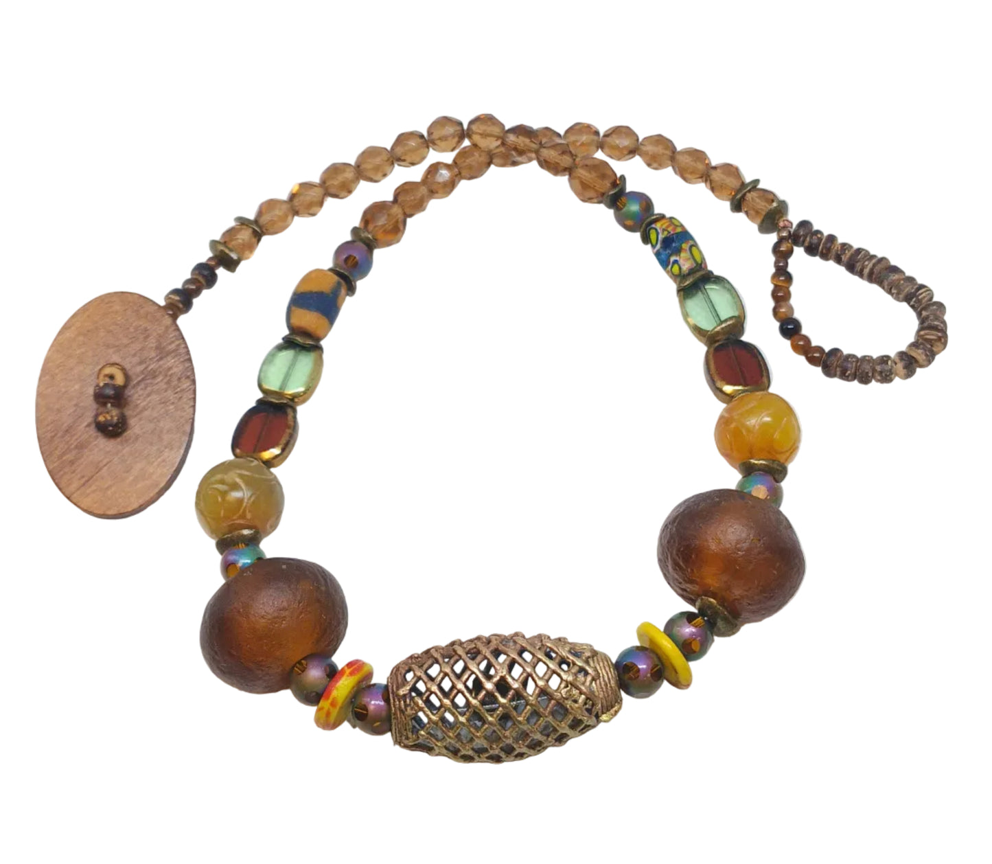 Earthen Mosaic Statement Necklace — Filigree Focal, African Trade Beads & Smoky Crystal