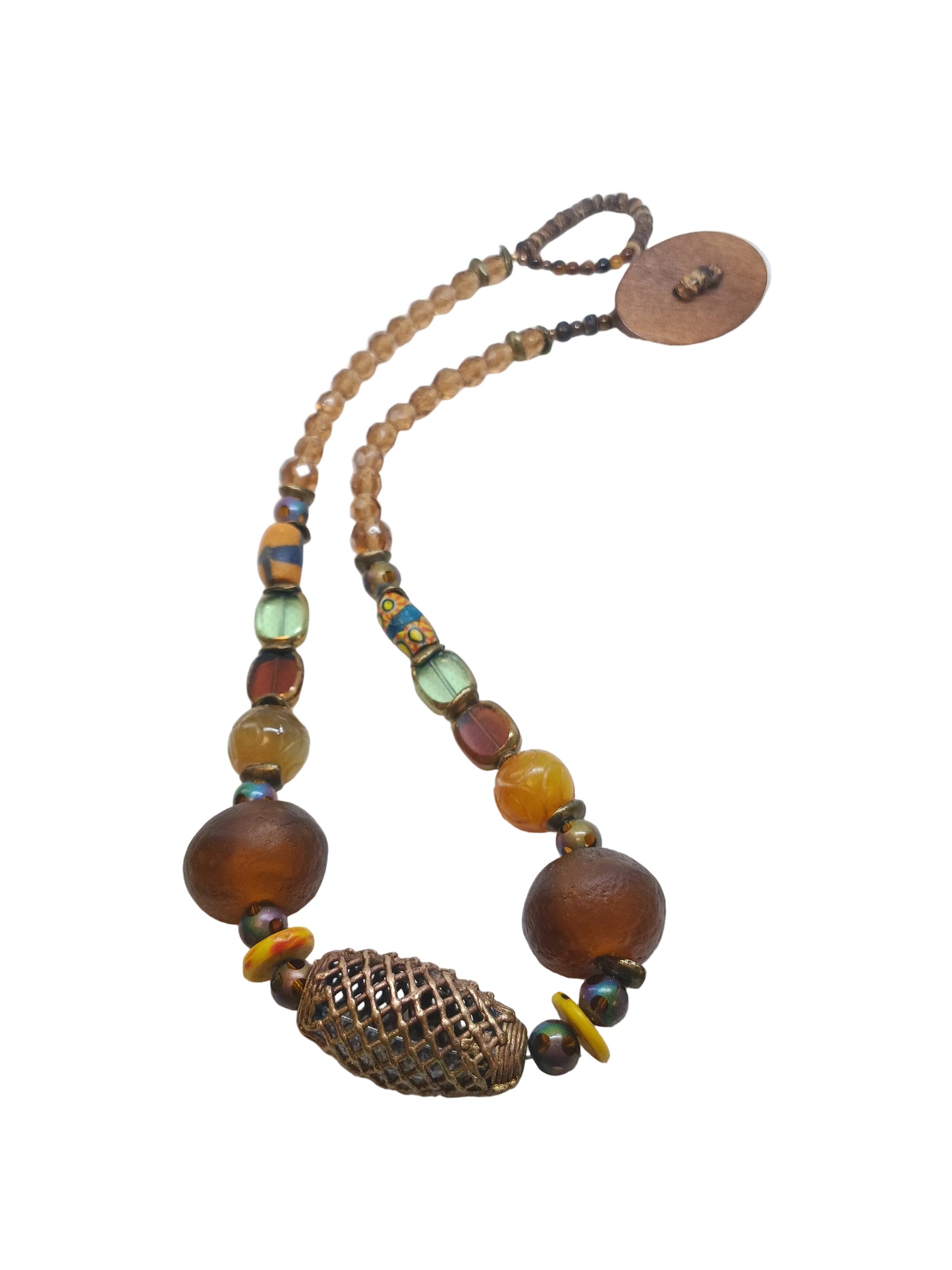 Earthen Mosaic Statement Necklace — Filigree Focal, African Trade Beads & Smoky Crystal