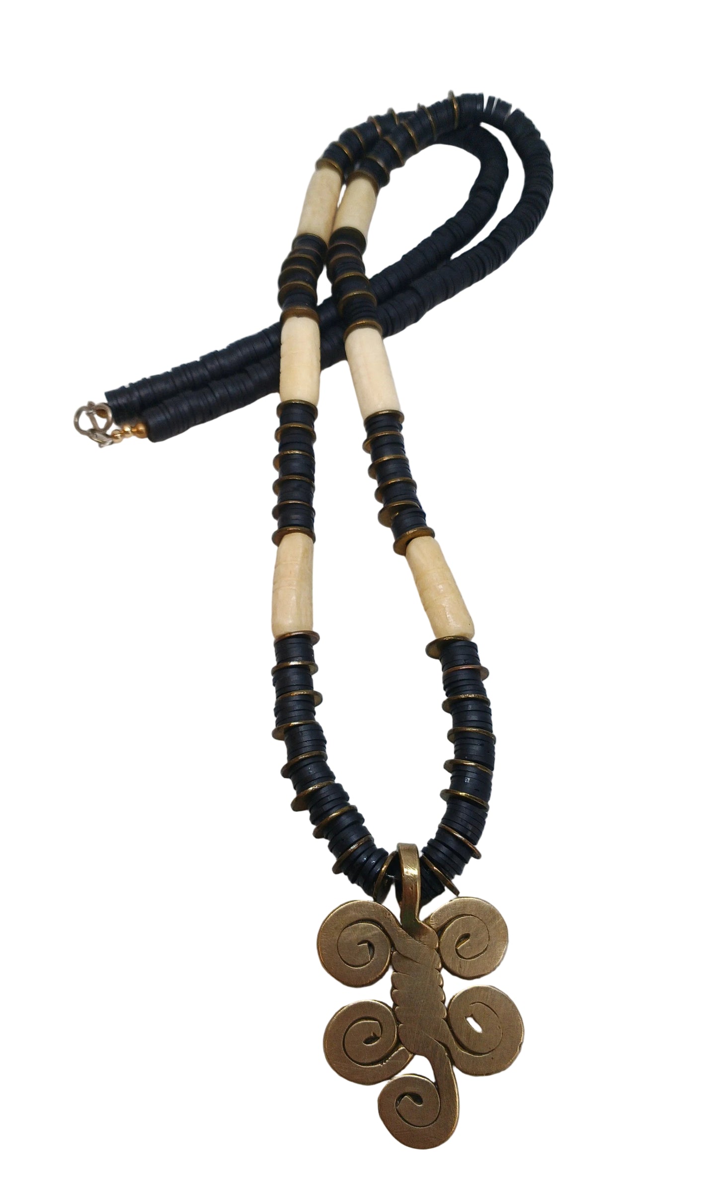 Adinkra Spirit Necklace — Black Heishi, Bone Tube Beads & Bronze Spiral Pendant