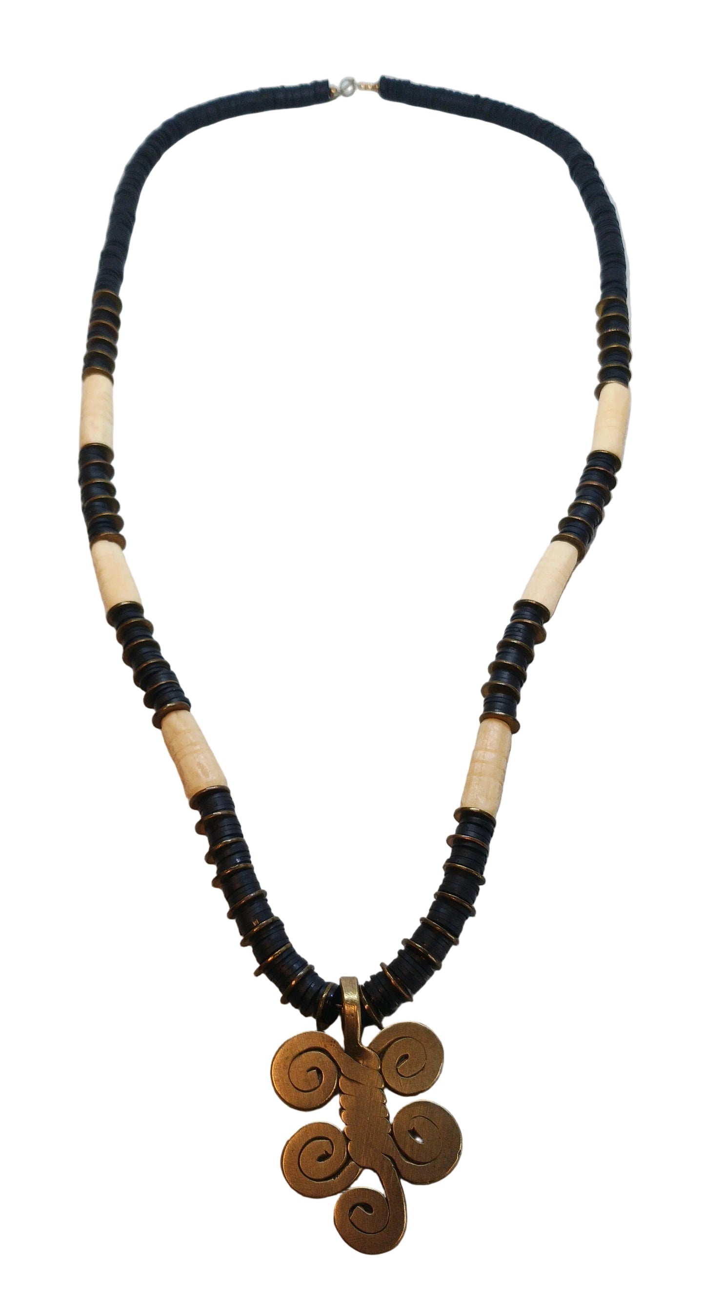 Adinkra Spirit Necklace — Black Heishi, Bone Tube Beads & Bronze Spiral Pendant