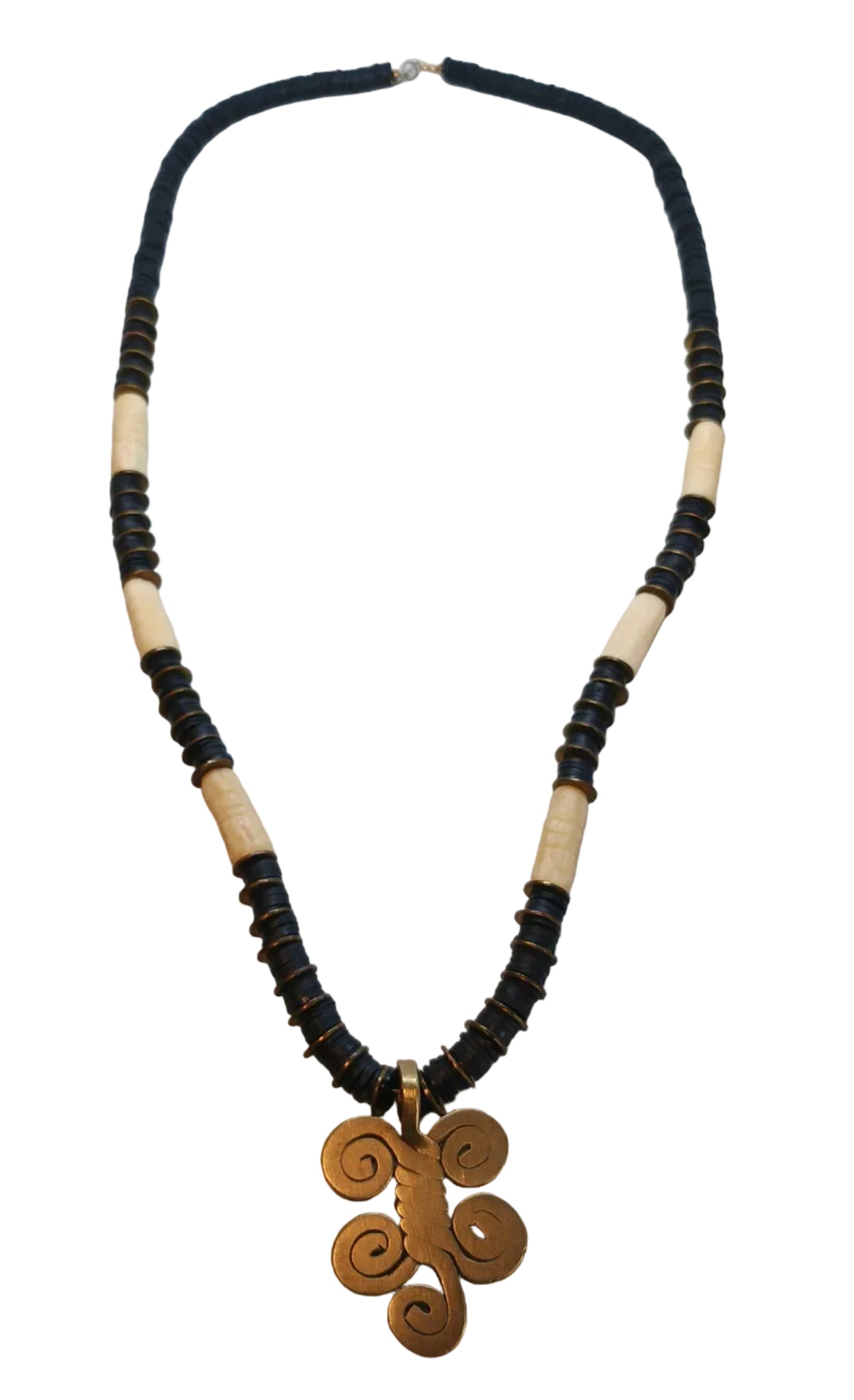 Adinkra Spirit Necklace — Black Heishi, Bone Tube Beads & Bronze Spiral Pendant