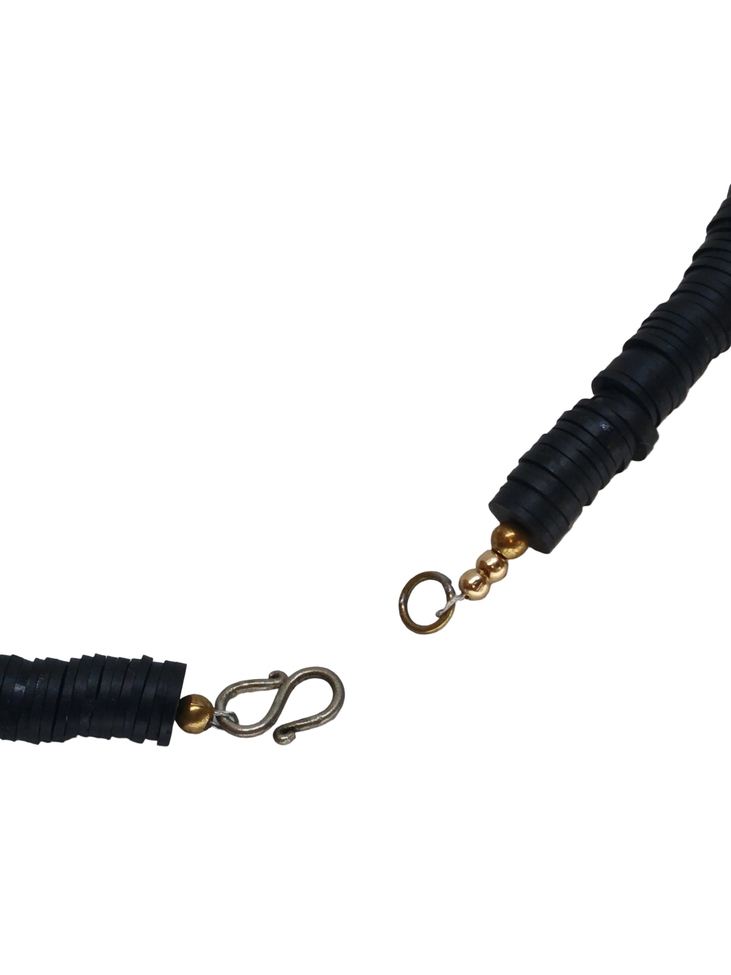 Adinkra Spirit Necklace — Black Heishi, Bone Tube Beads & Bronze Spiral Pendant