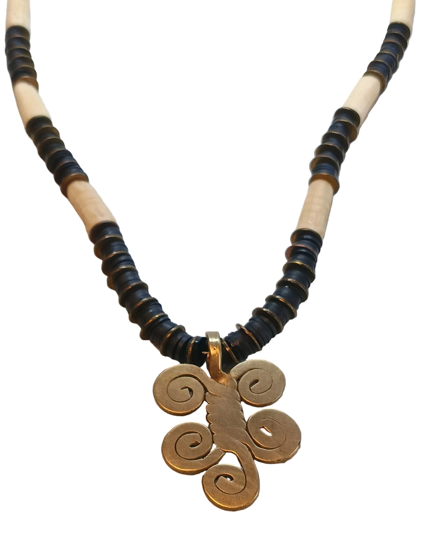 Adinkra Spirit Necklace — Black Heishi, Bone Tube Beads & Bronze Spiral Pendant