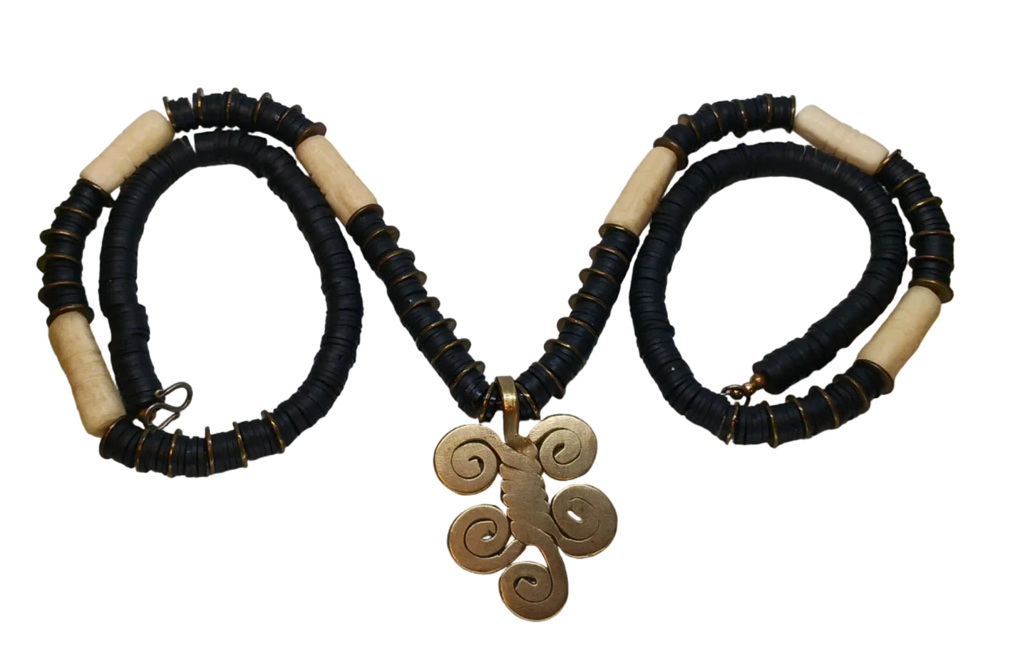 Adinkra Spirit Necklace — Black Heishi, Bone Tube Beads & Bronze Spiral Pendant
