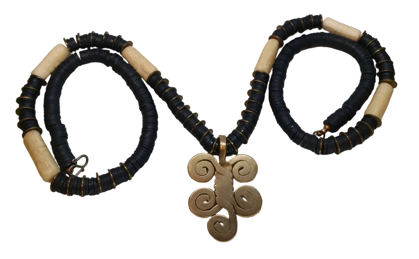 Adinkra Spirit Necklace — Black Heishi, Bone Tube Beads & Bronze Spiral Pendant