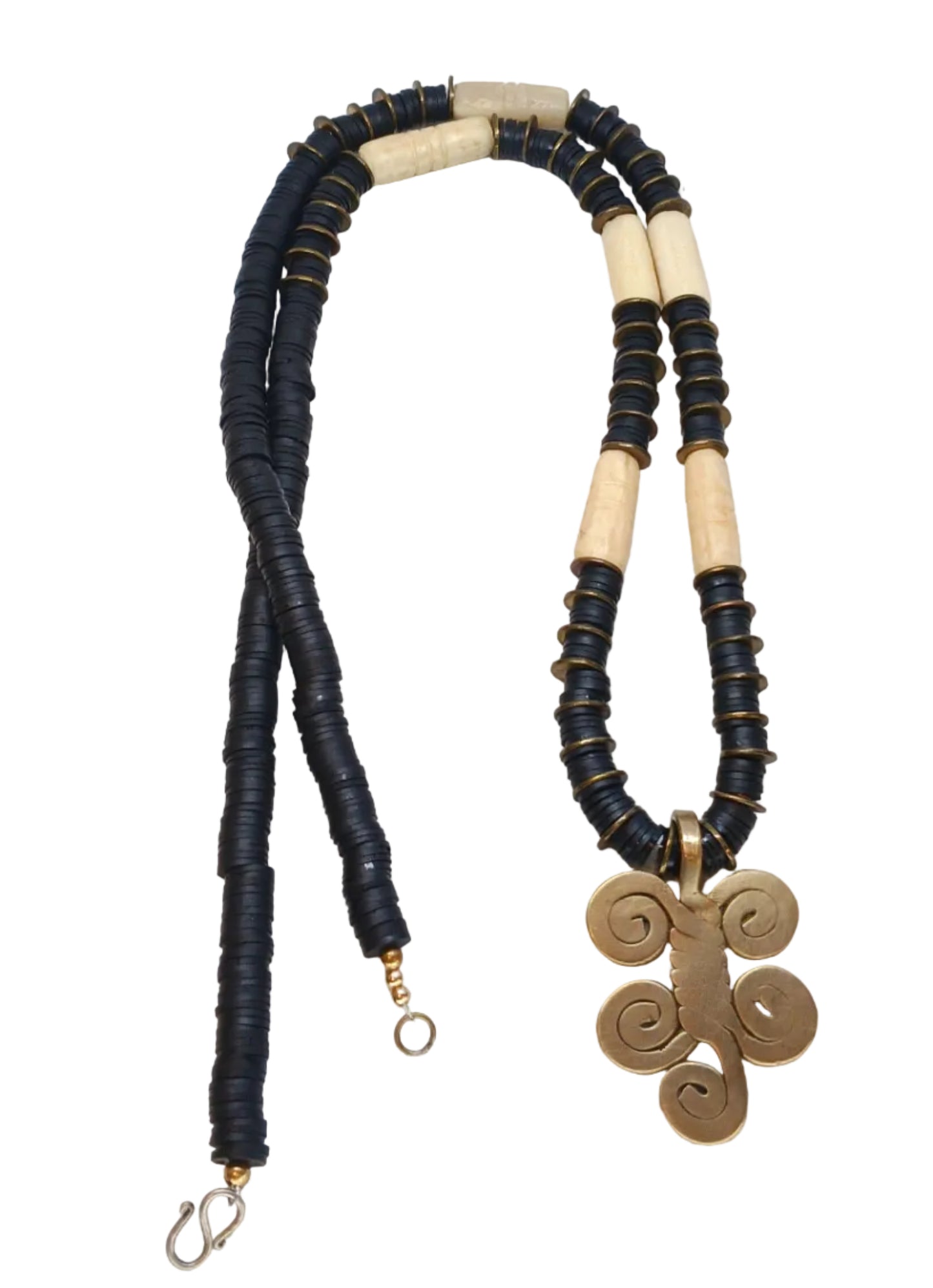Adinkra Spirit Necklace — Black Heishi, Bone Tube Beads & Bronze Spiral Pendant