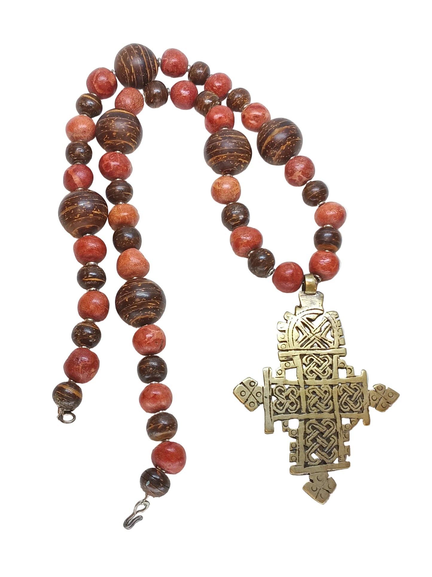 Ethiopian Coptic Cross Necklace — Red Jasper, Carved Wood Beads & Brass Pendant