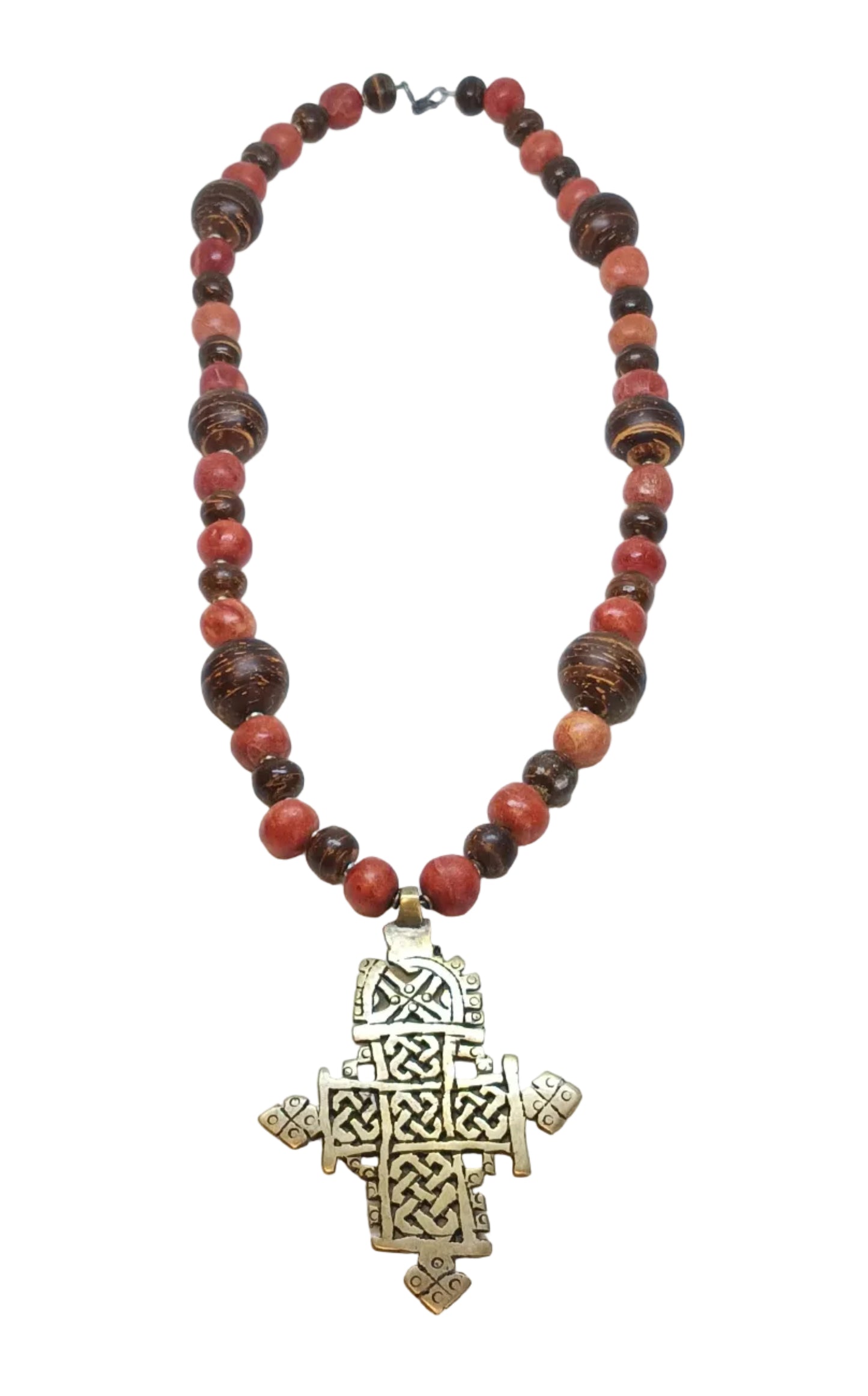 Ethiopian Coptic Cross Necklace — Red Jasper, Carved Wood Beads & Brass Pendant