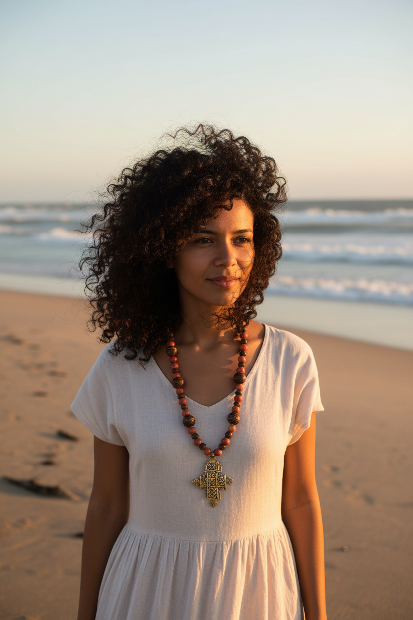 Ethiopian Coptic Cross Necklace — Red Jasper, Carved Wood Beads & Brass Pendant