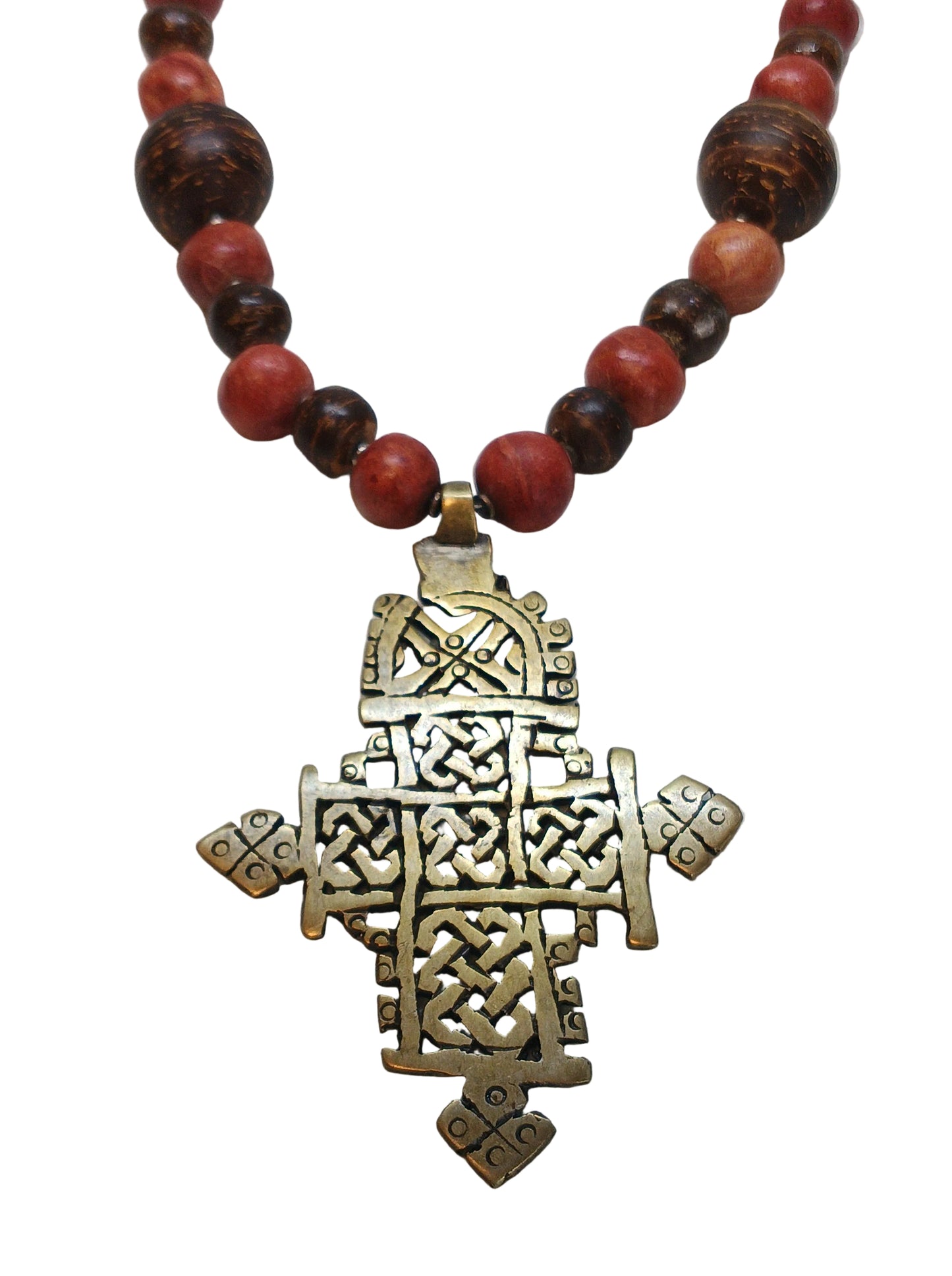 Ethiopian Coptic Cross Necklace — Red Jasper, Carved Wood Beads & Brass Pendant