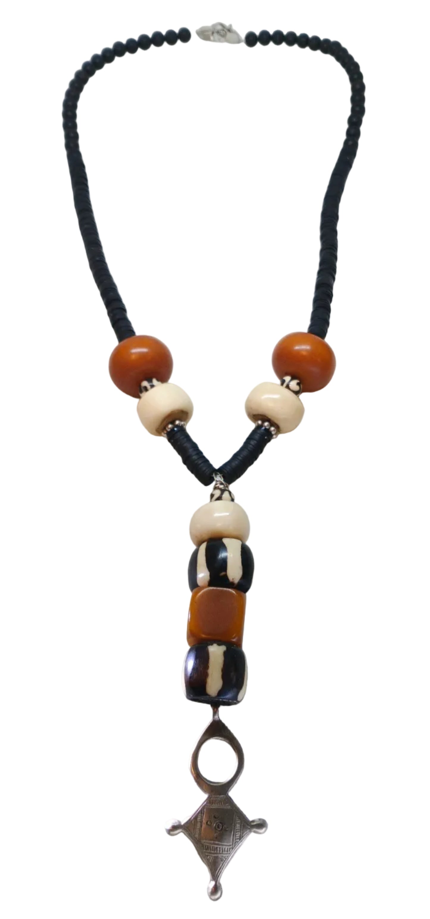 Tuareg Cross Lariat Necklace — Amber Resin, Batik Bone Beads & Silver Pendant