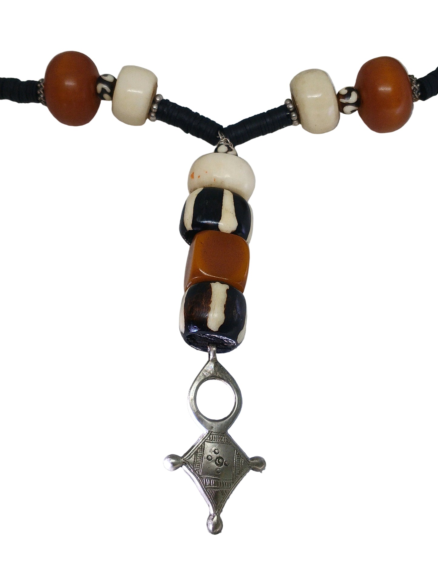 Tuareg Cross Lariat Necklace — Amber Resin, Batik Bone Beads & Silver Pendant