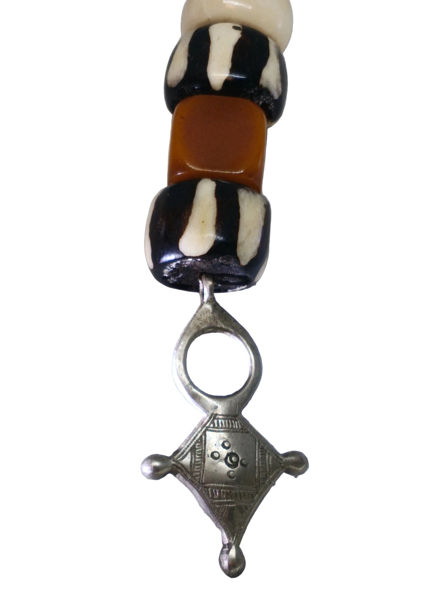 Tuareg Cross Lariat Necklace — Amber Resin, Batik Bone Beads & Silver Pendant