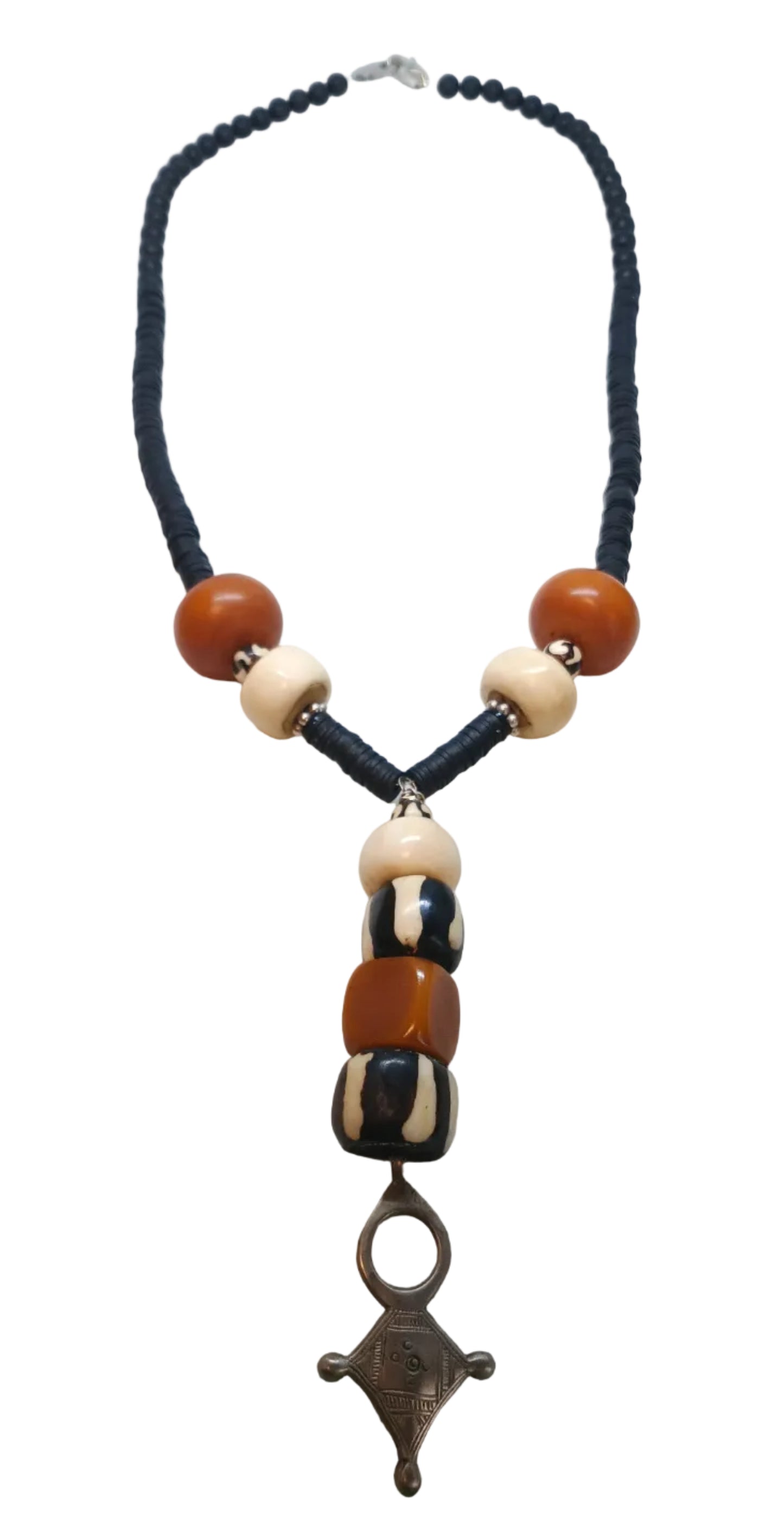 Tuareg Cross Lariat Necklace — Amber Resin, Batik Bone Beads & Silver Pendant