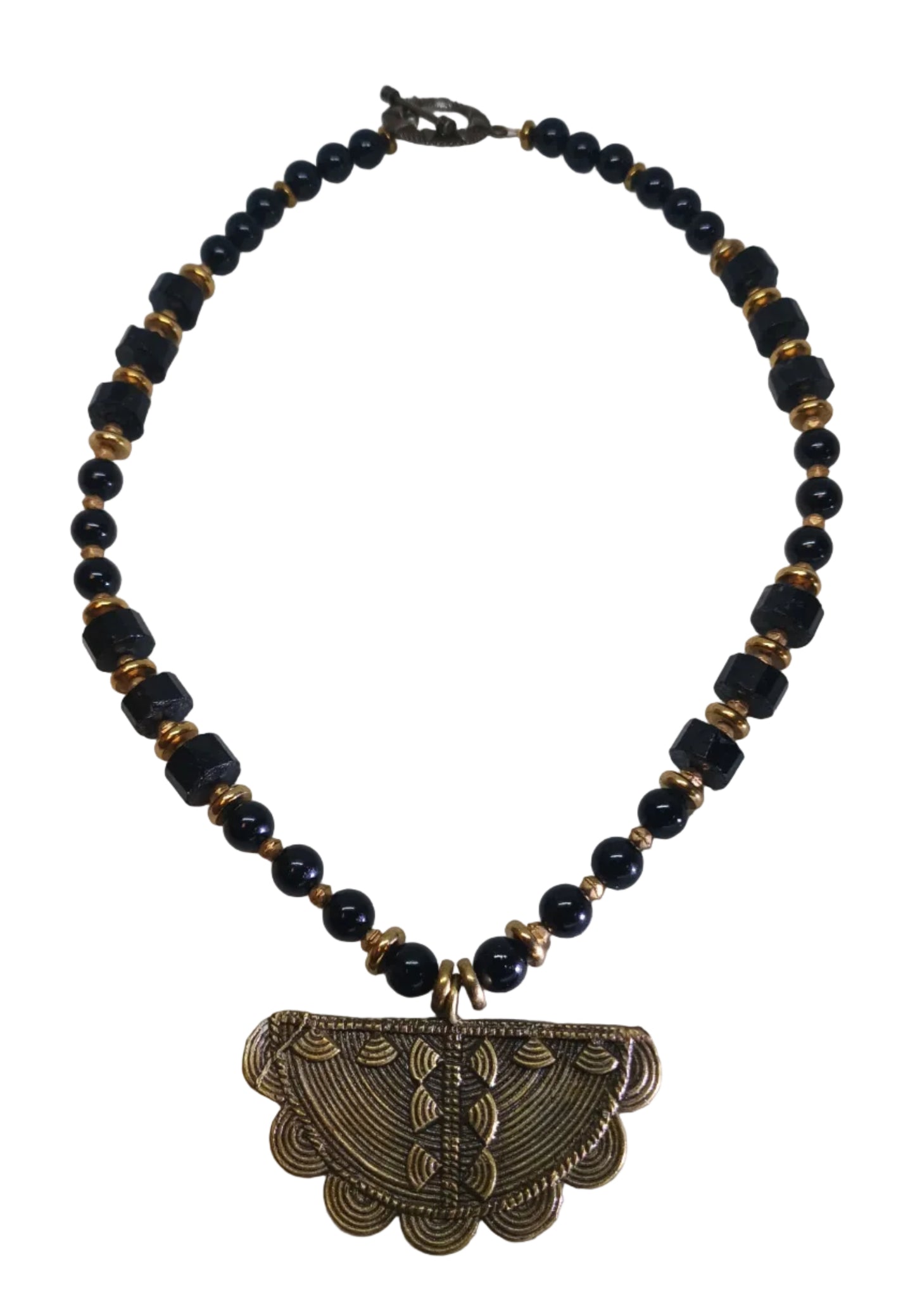 Black Onyx Brass Fan Pendant Necklace | Dhokra Style Statement Jewelry | Handmade