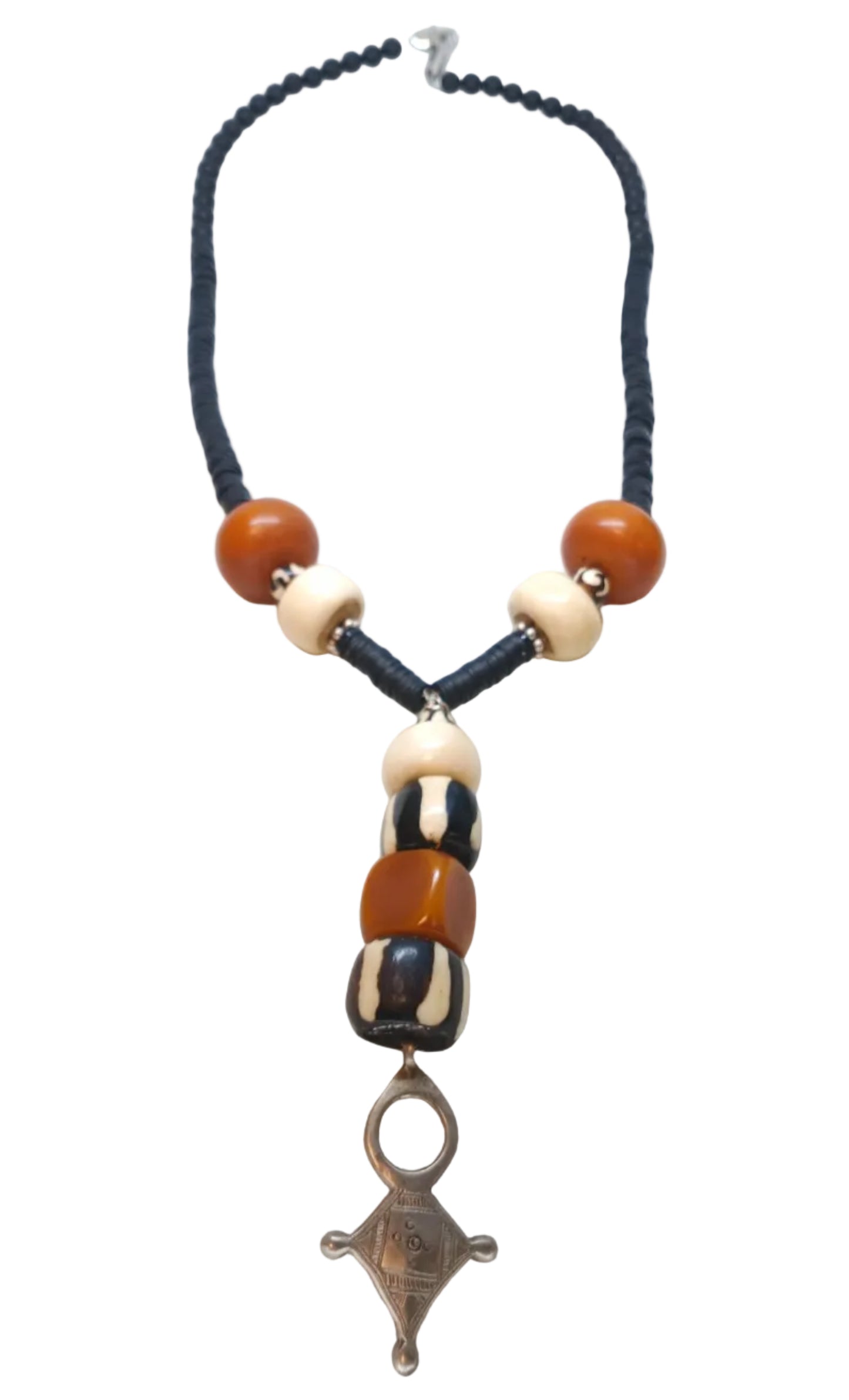 Tuareg Cross Lariat Necklace — Amber Resin, Batik Bone Beads & Silver Pendant