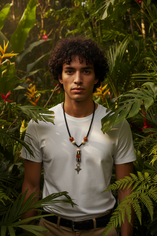Tuareg Cross Lariat Necklace — Amber Resin, Batik Bone Beads & Silver Pendant