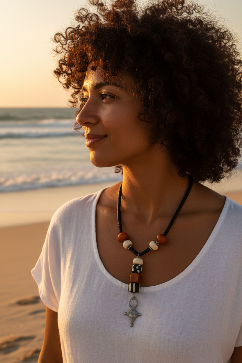 Tuareg Cross Lariat Necklace — Amber Resin, Batik Bone Beads & Silver Pendant
