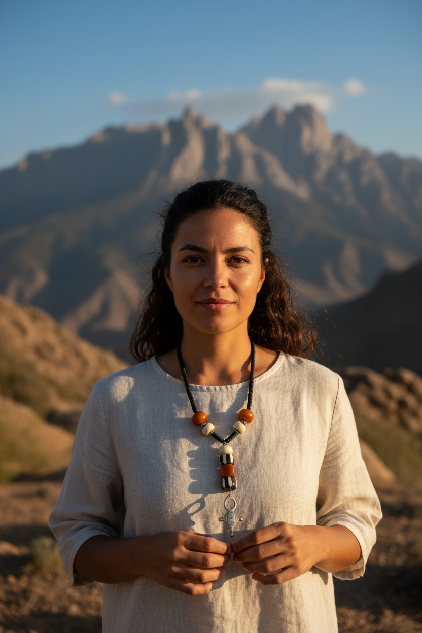 Tuareg Cross Lariat Necklace — Amber Resin, Batik Bone Beads & Silver Pendant