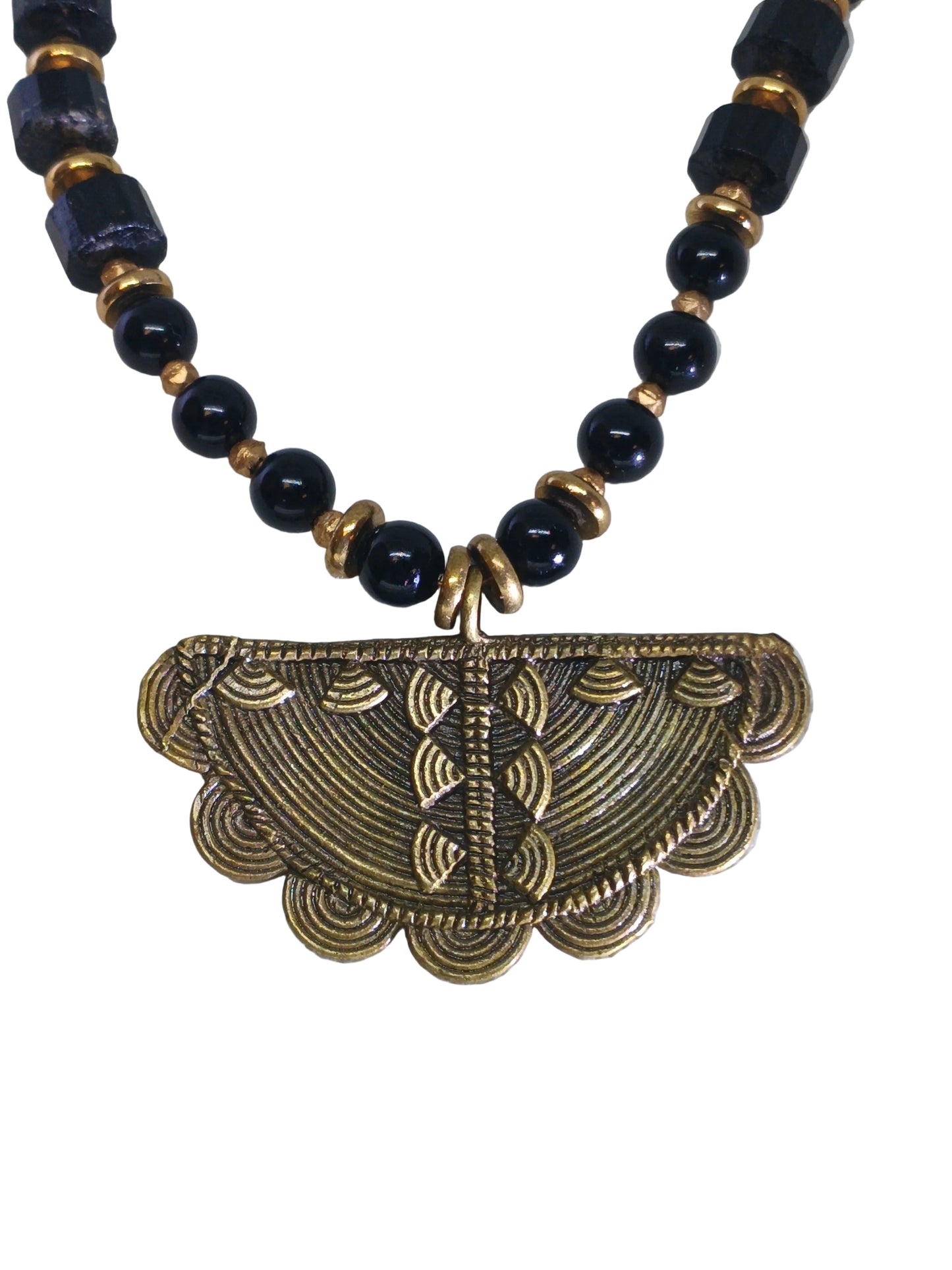 Black Onyx Brass Fan Pendant Necklace | Dhokra Style Statement Jewelry | Handmade
