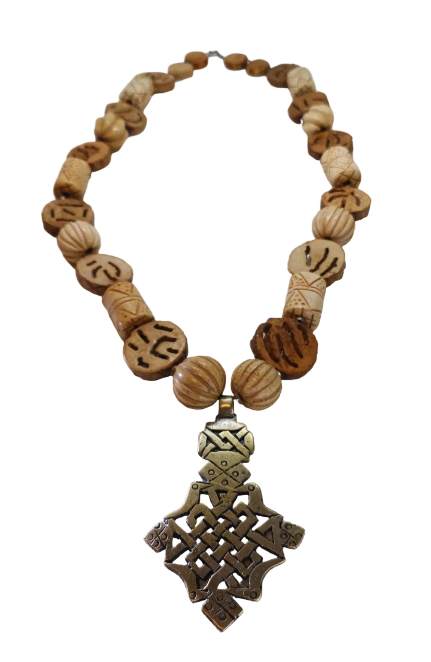 Ethiopian Coptic Cross Necklace — Hand-Carved Bone & Wood Beads with Brass Pendant
