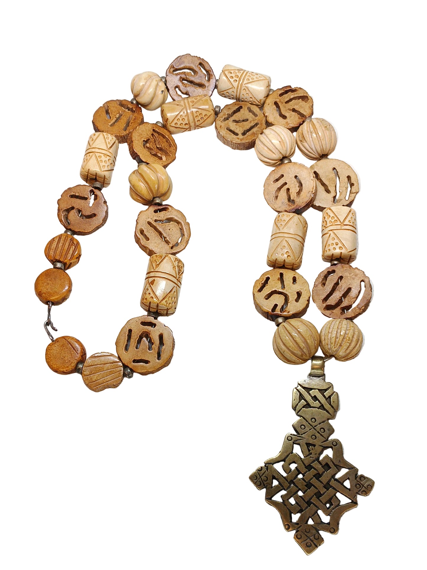 Ethiopian Coptic Cross Necklace — Hand-Carved Bone & Wood Beads with Brass Pendant