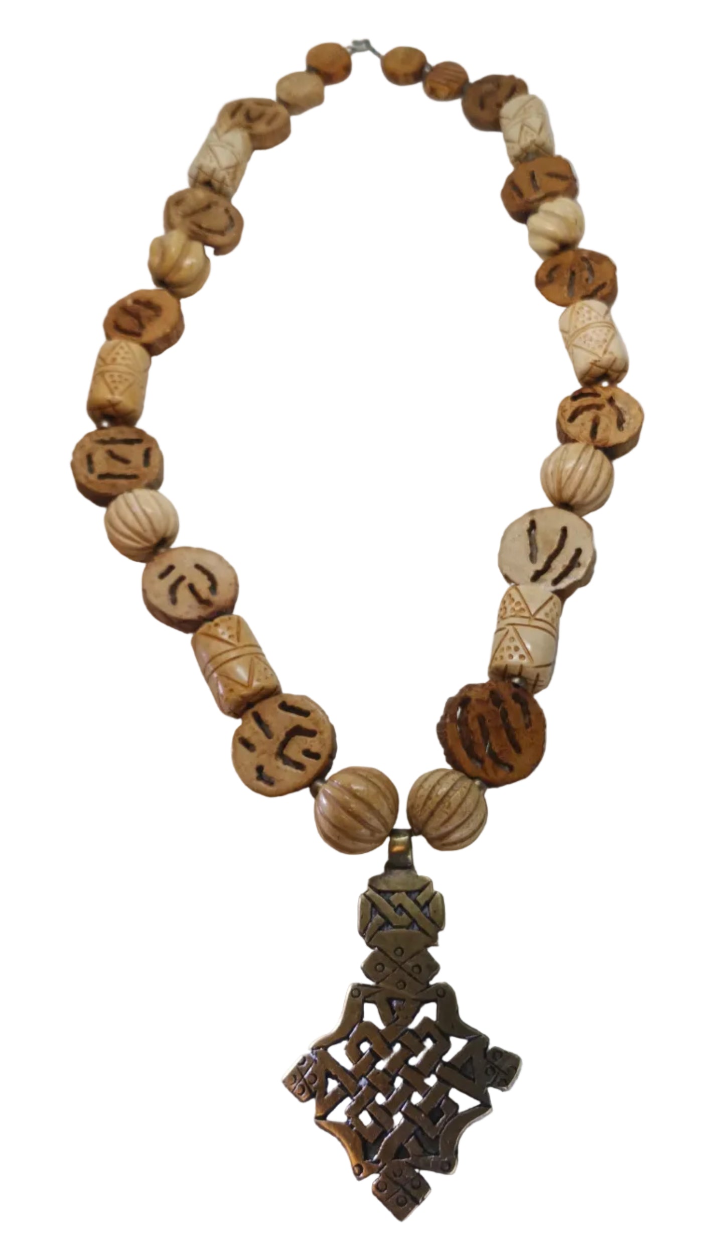 Ethiopian Coptic Cross Necklace — Hand-Carved Bone & Wood Beads with Brass Pendant