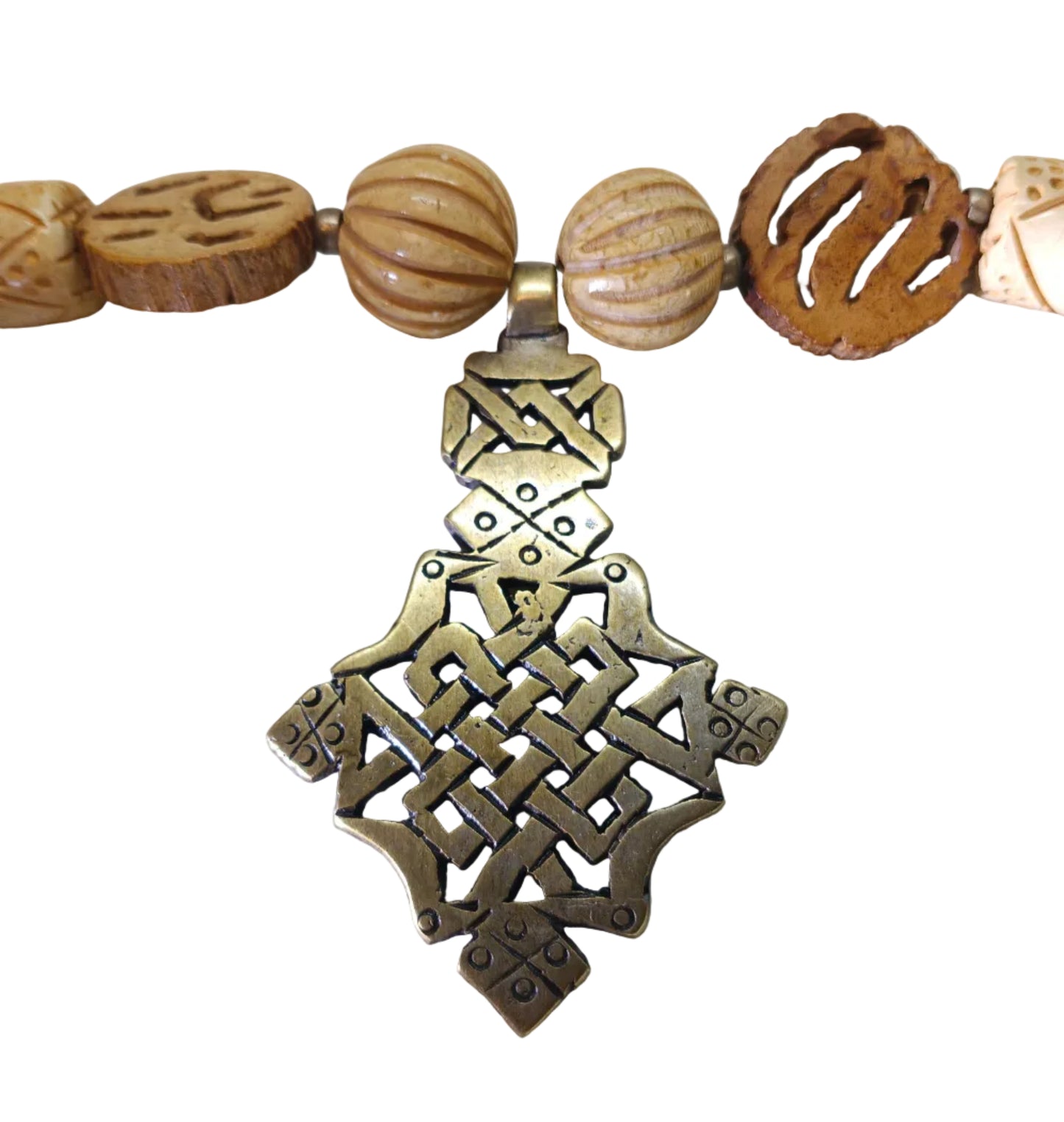 Ethiopian Coptic Cross Necklace — Hand-Carved Bone & Wood Beads with Brass Pendant