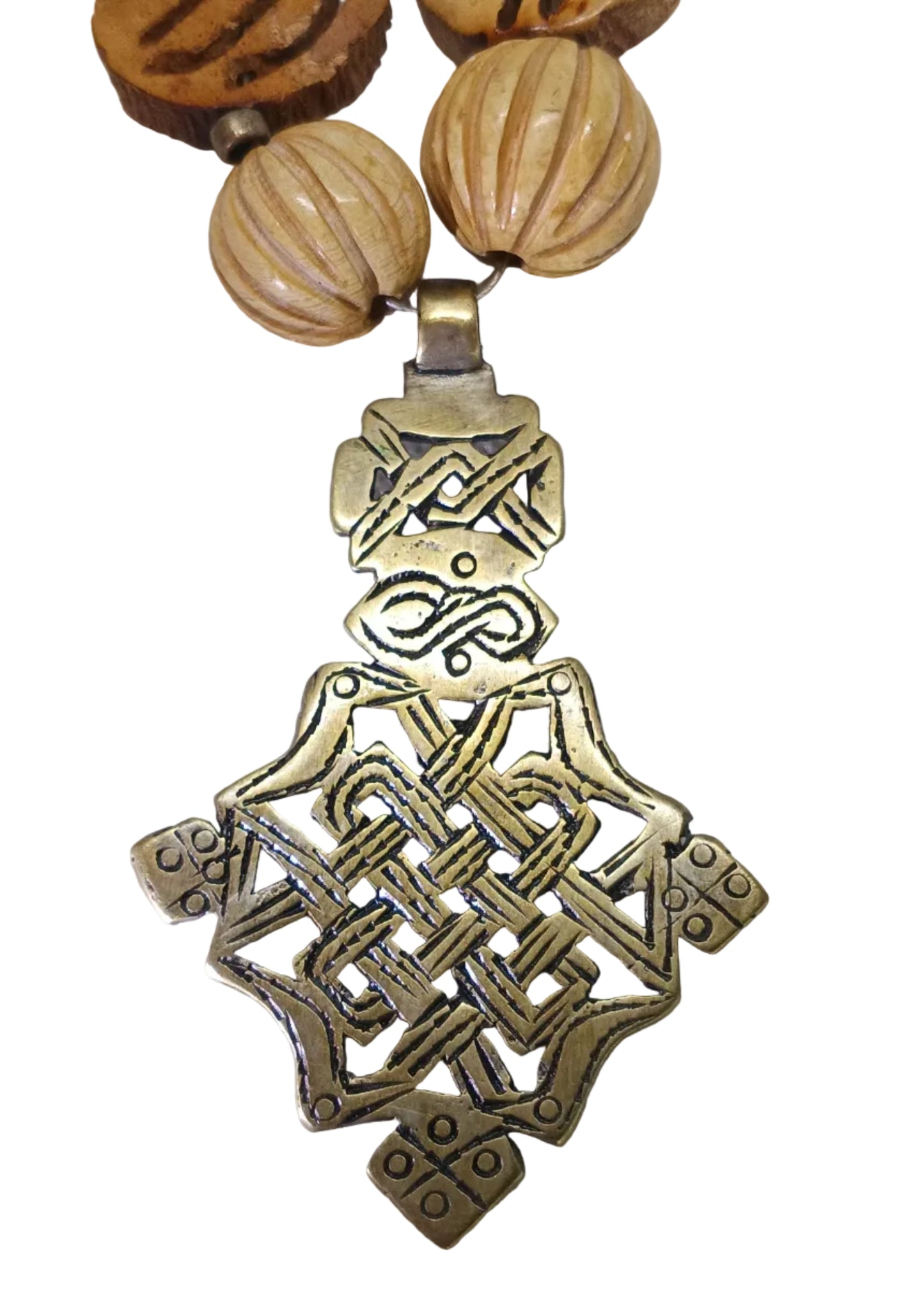 Ethiopian Coptic Cross Necklace — Hand-Carved Bone & Wood Beads with Brass Pendant